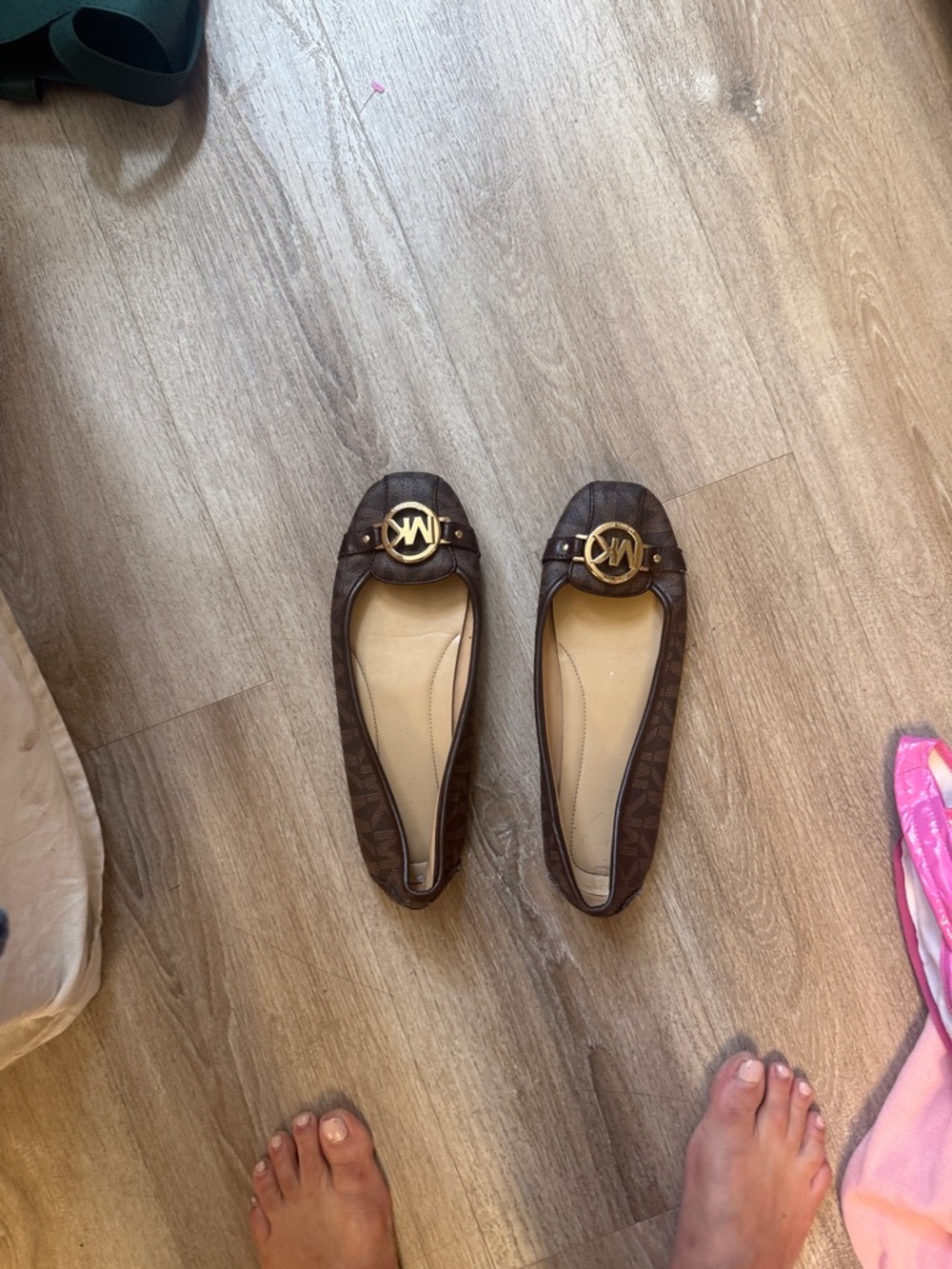 Michael Kors Dark Brown Logo Ballet Flats with Gold MK Medallion